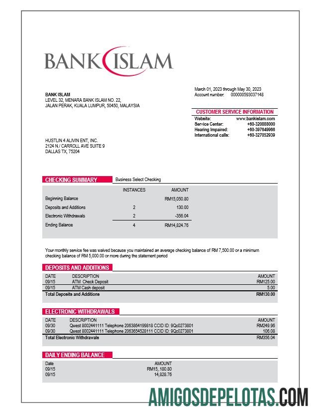 Baixável Bank Islam Company Statement Modelo Word e PDF